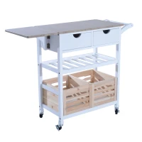 HOMCOM Carrello da Cucina Multifunzionale con 2 Ceste e Portabottiglie in Legno di Pino, Bianco, 70 x 40 x 86cm(m-4)
