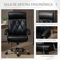 Vinsetto Silla Despacho Ergonómica Silla de Oficina Giratoria y Basculante con Respaldo Alto y Reposacabezas Acolchado Piel Sintética 66x69x113-121 cm Negro(m-6)
