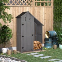 Outsunny Casetta Porta Attrezzi da Giardino in Legno di Abete Impermeabile con Ripiani e Legnaia, Grigia 129x51.5x180cm(m-2)