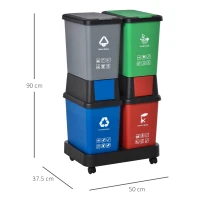 HOMCOM Pattumiera Differenziata con 4 Bidoni Multicolore e Base con Ruote, Capacità Totale 100L, Plastica, 50x37.5x90cm(m-3)
