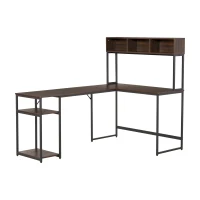 HOMCOM Scrivania Angolare con Libreria e Mensola per PC in Stile Industriale, Legno e Metallo 170x120x140cm, Noce e Nero(m-1)