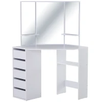 HOMCOM Postazione Trucco con 3 Specchi Pieghevoli, Tavolo Makeup in Legno Bianco con 5 Cassetti - 111x56.2x141.3cm(m-1)