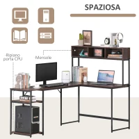 HOMCOM Scrivania Angolare con Libreria e Mensola per PC in Stile Industriale, Legno e Metallo 170x120x140cm, Noce e Nero(m-4)