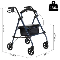 HOMCOM Deambulatore Regolabile Pieghevole con 4 Ruote Per Anziani e Disabili 64x57.8x74.4cm Nero e blu(m-3)