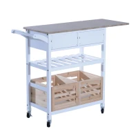 HOMCOM Carrello da Cucina Multifunzionale con 2 Ceste e Portabottiglie in Legno di Pino, Bianco, 70 x 40 x 86cm(m-6)