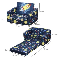 HOMCOM Divano Letto 2 in 1 per Bambini 3-6 anni, Imbottitura in Gommapiuma, Blu con Fantasia Spazio, 56 x 42 x 39cm(m-3)