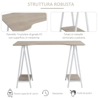 HOMCOM Scrivania da Ufficio in Legno con 2 Mensole, Design Moderno e Telaio in Metallo Bianco, 120x60x76cm(m-7)