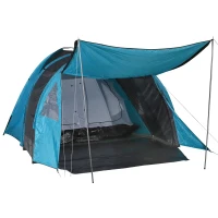 Outsunny Tenda da Campeggio con Chiodi e Corde Tiranti Protezione Insetti e Pioggia per 6 Persone Poliestere 500 x 300 x 200cm Blu e Grigio(m-1)