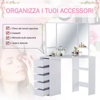 HOMCOM Postazione Trucco con 3 Specchi Pieghevoli, Tavolo Makeup in Legno Bianco con 5 Cassetti - 111x56.2x141.3cm(m-5)
