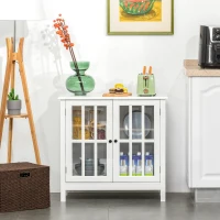 HOMCOM Aparador de Cocina Armario de Almacenaje con 2 Puertas de Vidrio Dispositivo Antivuelco Comedor Entrada Buffet 80x36,5x76 cm Blanco(m-7)