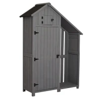 Outsunny Casetta Porta Attrezzi da Giardino in Legno di Abete Impermeabile con Ripiani e Legnaia, Grigia 129x51.5x180cm(m-1)