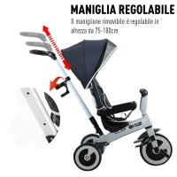 Homcom Triciclo Passeggino per Bambini con Maniglione e Tettuccio, Grigio Scuro(m-4)