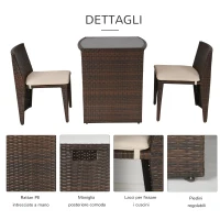 Outsunny Set Mobili da Giardino Salvaspazio con 1 Tavolo e 2 Sedie in Rattan PE Marrone(m-7)