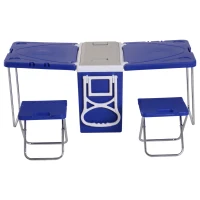 Outsunny Set Pic Nic Frigo 28L Tavolino Pieghevole Sedie con Rotelle Acciaio e PP Blu(m-4)