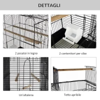 PawHut Voliera Gabbia per Uccelli da Interno Esterno Tetto Apribile con Posatoio 2 Contenitori per Alimenti in Metallo 41.5x29.5x56.5cm(m-7)