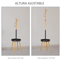 HOMCOM Perchero de Pie con Mesita Auxiliar Redonda y 5 Ganchos con Altura Regulable para Abrigos Sombreros Bolsos 40x40x179 cm Madera Natural y Negro(m-5)