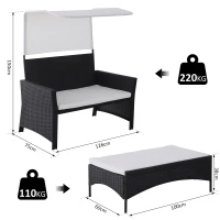 Outsunny Set Divano con Poggiapiedi Tetto Rimovibile da Giardino Esterno Rattan Nero Bianco(m-3)