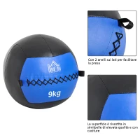 HOMCOM Palla Medica cross-training Fitness Wall Ball 9kg in Ecopelle Ф35cm Nero-Blu(m-4)
