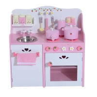 HomCom Cucina Giocattolo per Bambini in Legno con Accessori, Rosa, 60x30x62cm(m-1)