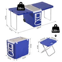 Outsunny Set Pic Nic Frigo 28L Tavolino Pieghevole Sedie con Rotelle Acciaio e PP Blu(m-3)