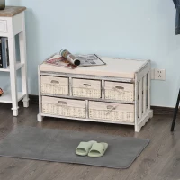 HOMCOM Cassettiera Stile Shabby Chic con Cestini in Vimini, Struttura in Legno e Seduta Imbottita, 80x37x45cm(m-2)
