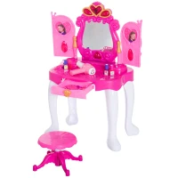 HOMCOM Tavolo da Trucco con Sgabello Specchiera per Bambina con Luci e Musica 43.5x31.5x72.5cm Rosa(m-2)