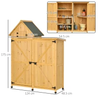Outsunny Caseta de Jardín de Madera con 2 Puertas 138x54,5x175 cm Cobertizo de Almacenaje Herramientas Techo Asfáltico Estantes Ganchos para Exterior Madera Natural(m-3)