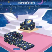 HOMCOM Divano Letto 2 in 1 per Bambini 3-6 anni, Imbottitura in Gommapiuma, Blu con Fantasia Spazio, 56 x 42 x 39cm(m-6)