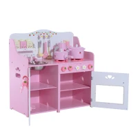 HomCom Cucina Giocattolo per Bambini in Legno con Accessori, Rosa, 60x30x62cm(m-4)
