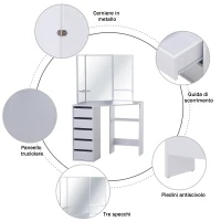 HOMCOM Postazione Trucco con 3 Specchi Pieghevoli, Tavolo Makeup in Legno Bianco con 5 Cassetti - 111x56.2x141.3cm(m-3)