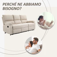 HOMCOM Divano 3 Posti con 2 Sedute Reclinabili e Poggiapiedi Integrato, Rivestimento in Tessuto Beige, 187x92x97cm(m-6)