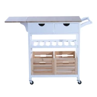 HOMCOM Carrello da Cucina Multifunzionale con 2 Ceste e Portabottiglie in Legno di Pino, Bianco, 70 x 40 x 86cm(m-1)