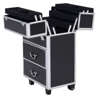 HOMCOM Maleta de Maquillaje Portátil Estuche de Comésticos Profesional con 6 Cajones Extensibles Cerradura y 2 Llaves Ruedas Asa Retráctil 36x23x58 cm Negro(m-7)