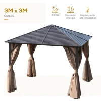 Outsunny Gazebo con Tende Laterali Struttura in Alluminio, Marrone e Nero 3x3m(m-5)