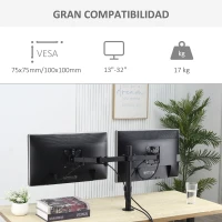 Vinsetto Soporte Monitor Doble para Pantallas de 13-32 Pulgadas LED LCD VESA 75/100 mm con Brazo de Resorte de Gas Ajustable Giratorio 360° 2 Opciones de Montaje 87x12x50 cm Negro(m-4)
