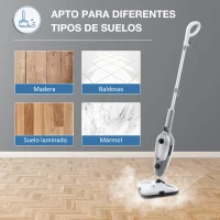 HOMCOM Mopa a Vapor 1300W Limpiador a Vapor Multifuncional con Depósito de 450 ml y 11 Accesorios Incluidos Calentamiento en 25-30 Segundos 28x21x112 cm Gris y Blanco(m-5)