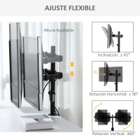 Vinsetto Soporte Monitor Doble para Pantallas de 13-32 Pulgadas LED LCD VESA 75/100 mm con Brazo de Resorte de Gas Ajustable Giratorio 360° 2 Opciones de Montaje 87x12x50 cm Negro(m-5)