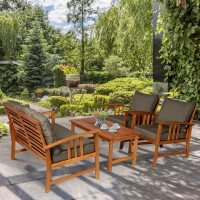 Outsunny Set Mobilier de Extern Canapea, 2 Fotolii si Masuta din Lemn de Salcam cu Perne(m-2)