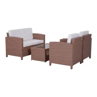 Outsunny Set Mobilier de Grădină din Polyratan 4buc Măsuță, Canapea și 2 Fotolii cu Perne Maro deschis(m-6)