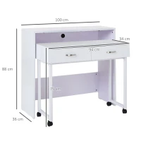 HomCom Masă de Birou pentru Calculator cu 2 Etajere, cu Roți din Lemn MDF, Alb, 100x36x88cm(m-3)
