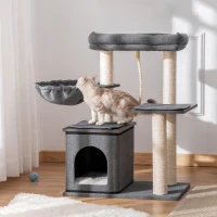 PawHut Stalp de Zgariat pentru Pisici cu Patut, Hamac, Casuta si Stalpi de Sisal, 60x40x83cm, Gri(m-2)
