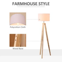 HOMCOM Lampă de podea cu trepied din lemn și abajur din material textil, E27, 45x45x147cm - alb/lemn(m-4)