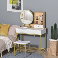 HOMCOM Masa de Machiaj cu Taburet Oglinda cu Lumini LED Raft si Sertare(m-2)