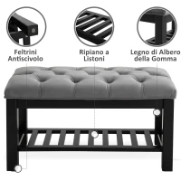 Homcom Banca pentru Pantofi Chesterfield Captusita Lemn Negru si Flanela Gri 80x40x46cm(m-5)