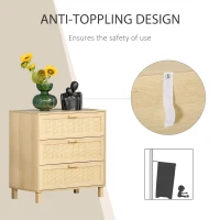 HOMCOM Casetiera cu 3 din lemn si ratan pentru camera de zi si dormitor, 80x40x80cm Culoare Lemn Natural(m-4)