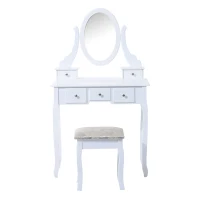 HomCom Tavolo da Trucco Mobile da Toletta Specchiera con Sgabello Specchio Girevole in Legno Bianco(m-6)
