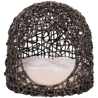 PawHut Pat pentru pisici din Nuiele Maro cu Perna Φ49 x 46 cm(m-7)
