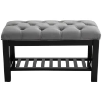 Homcom Banca pentru Pantofi Chesterfield Captusita Lemn Negru si Flanela Gri 80x40x46cm(m-4)