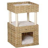 PawHut Casuta pentru Pisici din rattan PE cu 3 Niveluri cu Perne de Plus Lavabile, 40x40x70cm - Lemn(m-1)