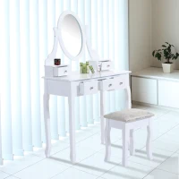 HomCom Tavolo da Trucco Mobile da Toletta Specchiera con Sgabello Specchio Girevole in Legno Bianco(m-1)